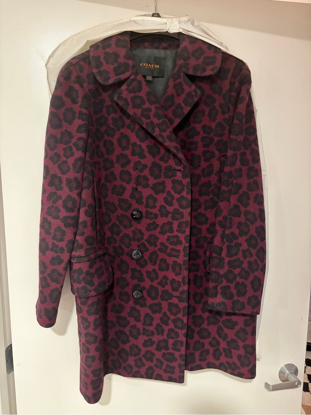 COACH Women's Burgundy Leopard Print Wool Blend Coat